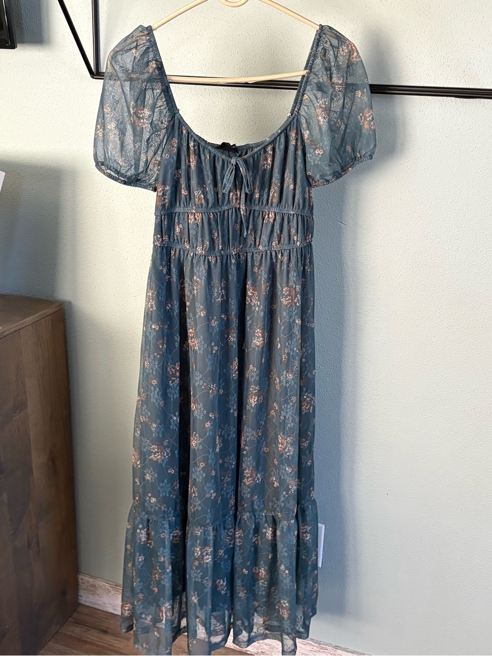 Floral Midi Dress in Dusty Blue with Pink Accents